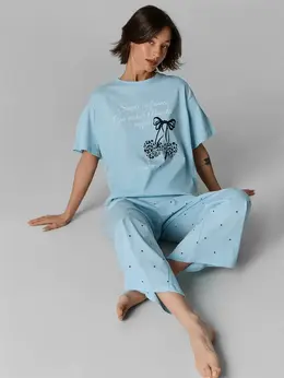 Комплект домашний женский голубой с надписью из хлопка