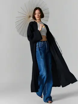 Кардиган женский черный свободного кроя на завязке