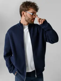 Теплая толстовка мужская синяя с начесом на молнии