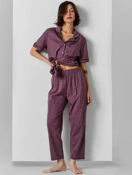 Комплект домашний женский фиолетовый в горошек из хлопка